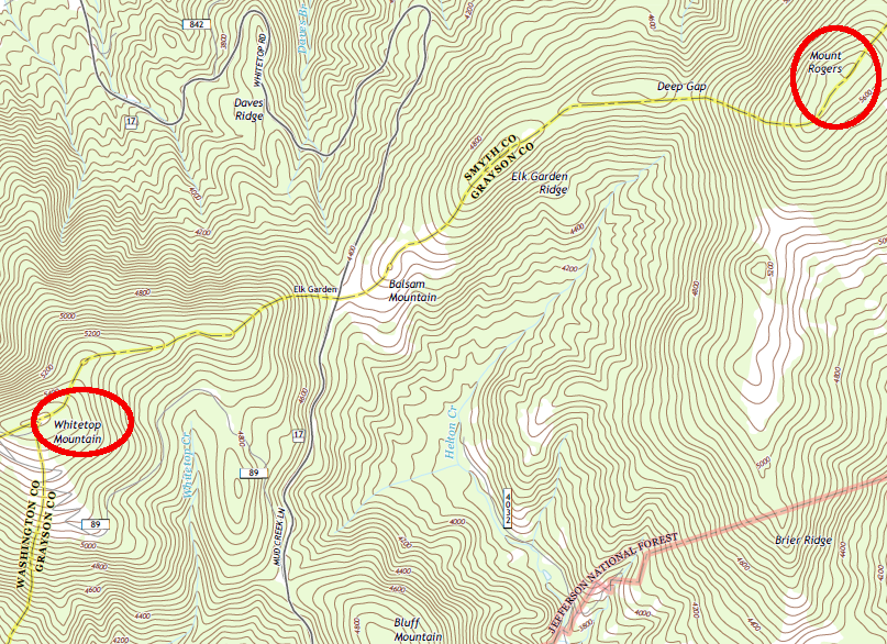 the high peaks of Mount Rogers and Whitetop Mountain are part of the volcanic Blue Ridge