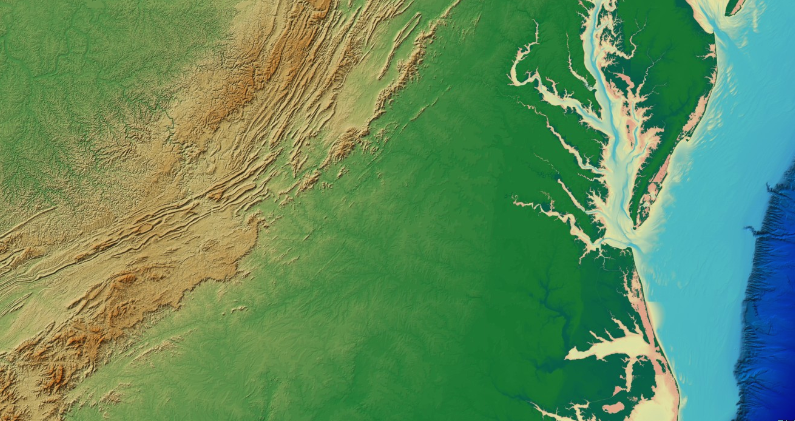 find the southern border of Virginia using topography, with a map layer that does not show political boundaries