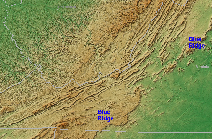the Blue Ridge, a narrow mountain range in northern Virginia, is a broad plateau south of Roanoke