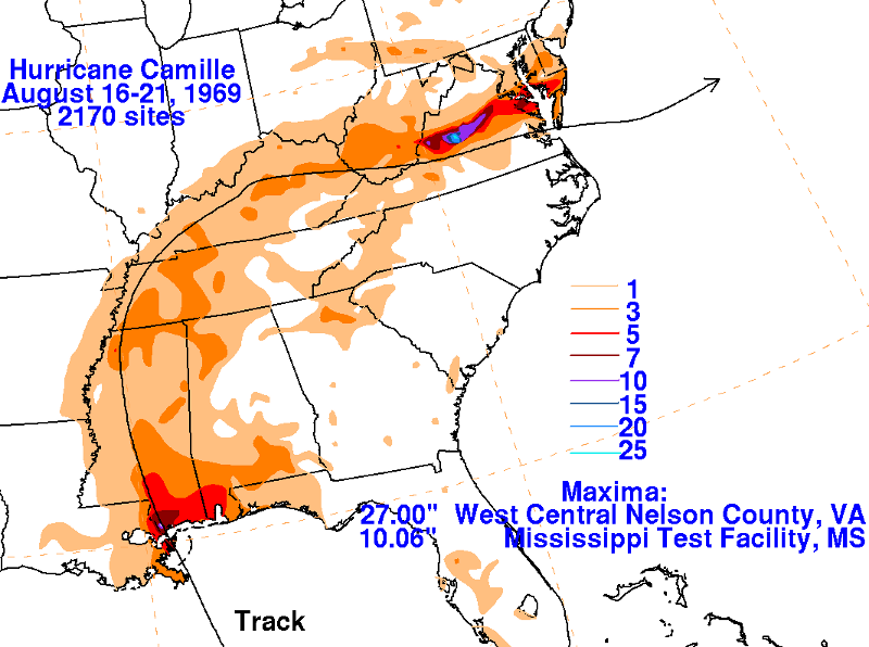 track of Hurricane Camille in 1969, from the Gulf Coast through Virginia (note that Nelson County is credited with 27 inches of rain in one night.... other estimates were as high as 33 inches)
