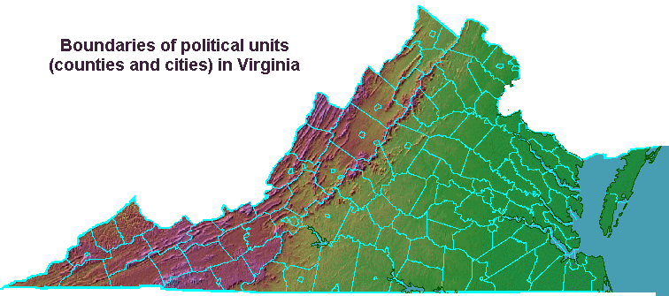 political boundaries for the 95 counties and 39 independent cities in Virginia