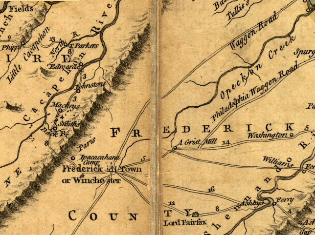 map of Virginia by Thomas Fry and Peter Jefferson, showing location of Fredericktown (now Winchester) on the Waggon Road to the  Potomac River (now US Route 11)
