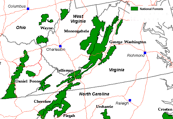 location of National Forests in Virginia