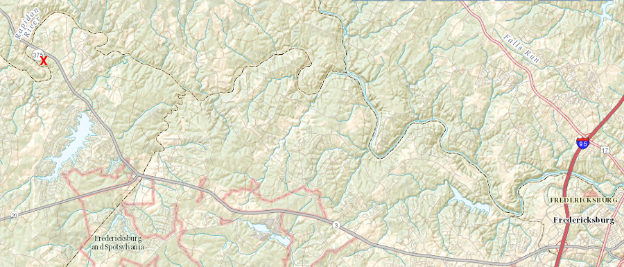 Germanna (red X) is west of Fredericksburg, upstream on the Rapidan River