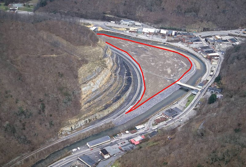 red polygon indicates site for new Grundy, before move across river