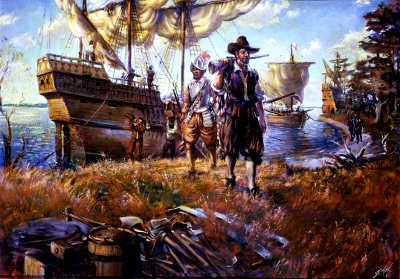 three English ships arrive at Jamestown Island