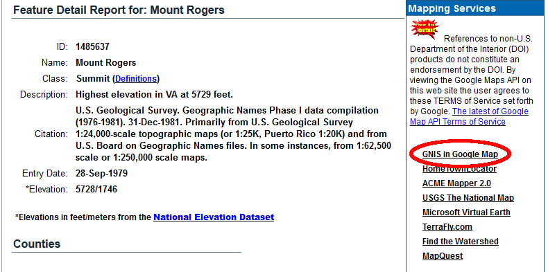 Mount Rogers Feature Detail Report from GNIS