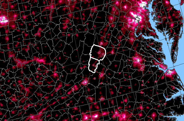Nighttime Lights and County Boundaries layers on National Atlas