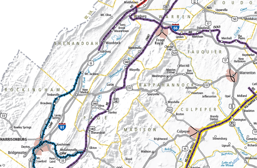 the Norfolk and Western line built east of Massanutten Mountain in 1881 is still operating, while the older rail connection on the west side is now fragmented (with no rail service between Edinburg-Mount Jackson)