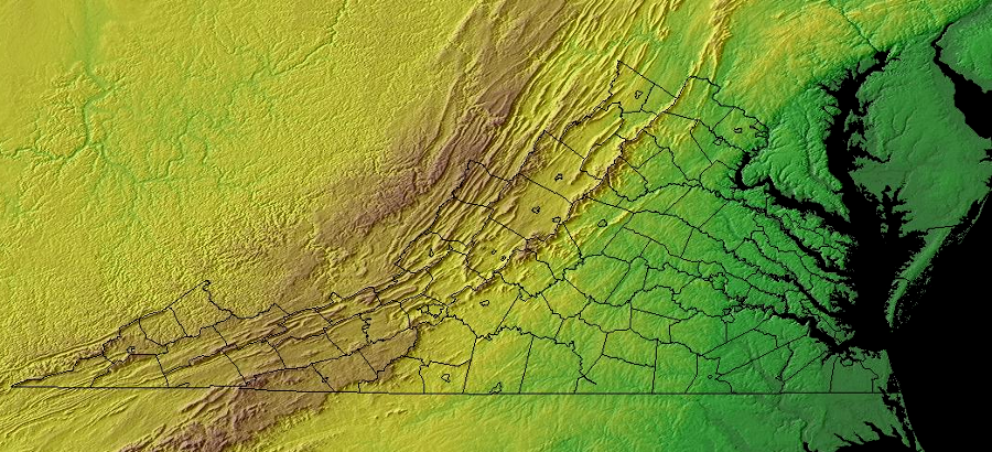 shaded relief map of Virginia