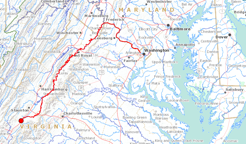 the water in the South Fork of the Shenandoah River flows downhill, going north (up the map is down the valley) to join the North Fork at Front Royal, then the Potomac River at Harpers Ferry