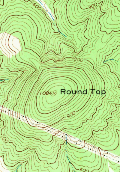 USGS topo map showing contour lines for Round Top mountain in Albemarle County near Charlottesville