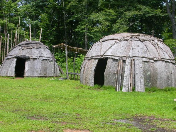 roofs of Totero shelters at former Explore Park near Roanoke, reflecting construction patterns of Native Americans when John Lederer crossed the Blue Ridge in 1671