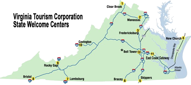 map of state-managed Welcome Centers on highways in Virginia, 2013