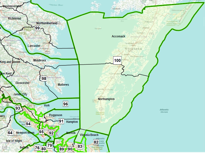 House of Delegates District 100 is located on the Eastern Shore