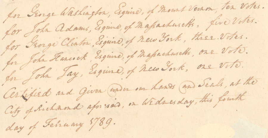 in 1789, the Virginia electors choosing the first president of the United States cast votes for five candidates
