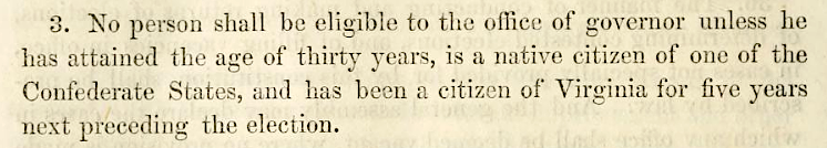 the 1861 Constitution would have required governors to have been born within the Confederate States of America