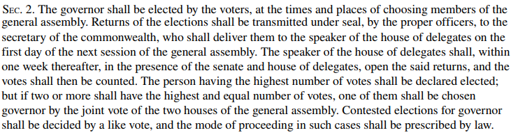 the 1864 constitution adopted by the Restored Government of Virginia, and later constitutions, have perpetuated the process for selecting the governor in case of a tie vote