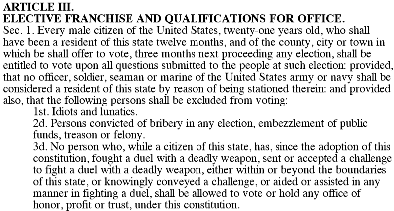 Article 3, Section 1 of the 1869 constitution included only three clauses, after voters rejected the proposed fourth clause to disfranchise former Confederates