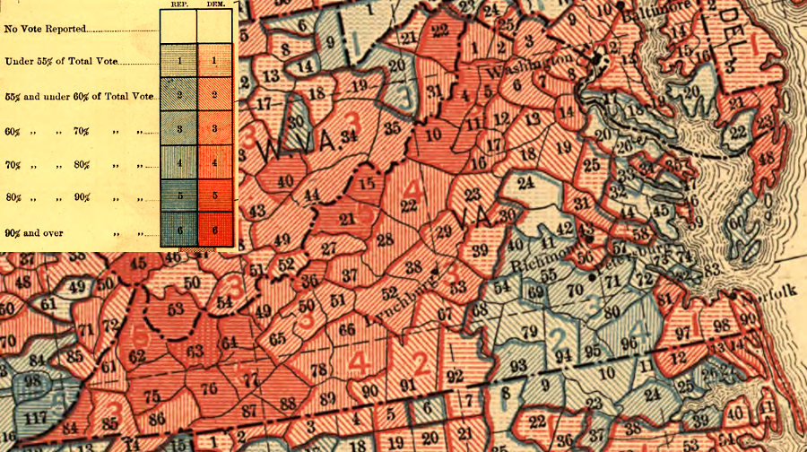 in the 1880 election, the Republican candidate (James G. Blaine) got less than 40% of the votes in Virginia, and they were concentrated in Southside and on the Northern Neck where the percentage of black voters was highest