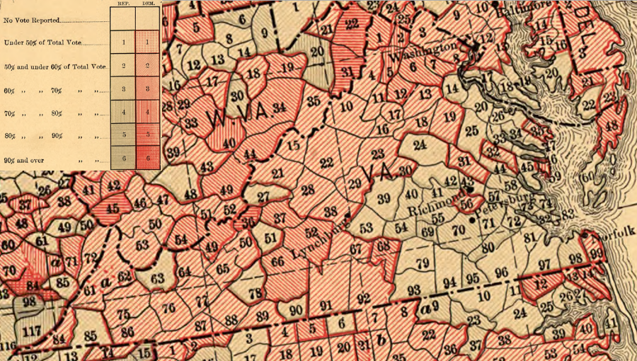 in the 1884 election, the Republican candidate (James A. Garfield) got 49% of the votes in Virginia, and won several counties west of the Blue Ridge