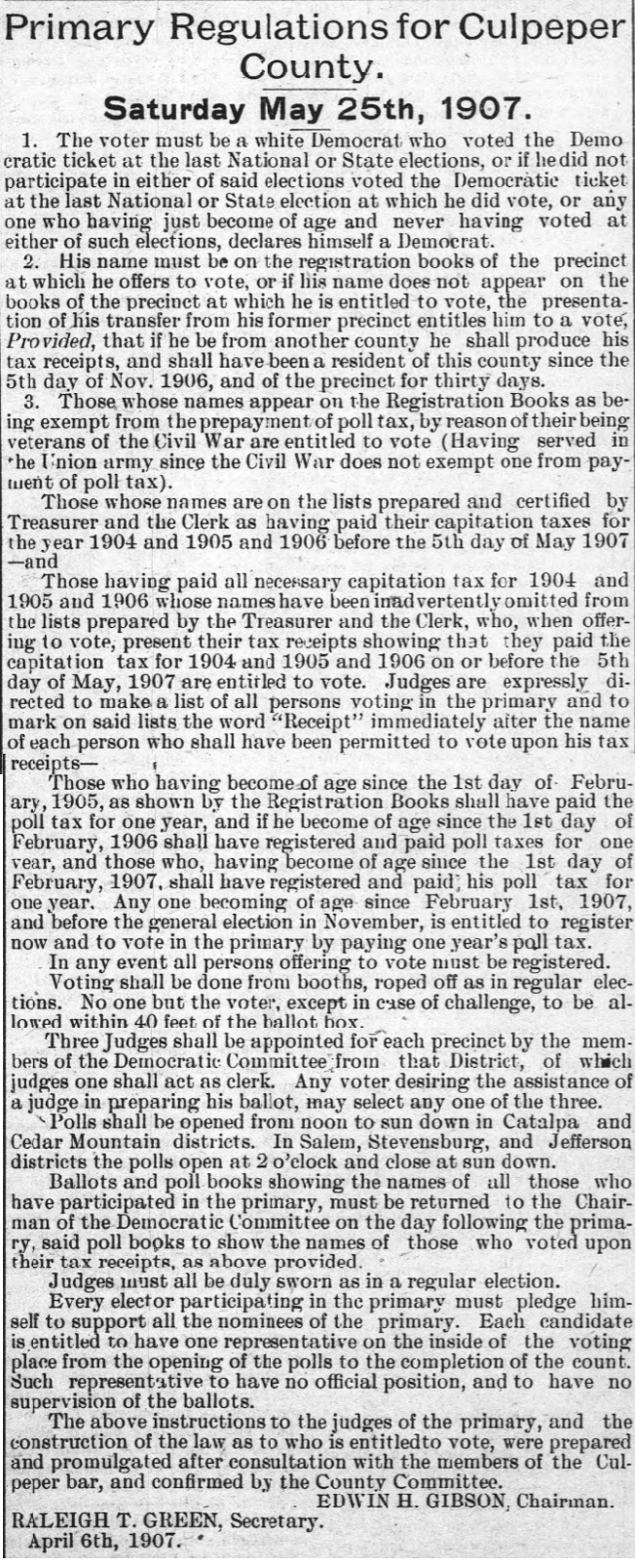 in 1907, only white males could vote in the Democratic primary