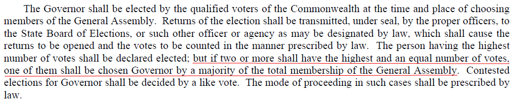 in case of a tie vote for governor, the current constitution continues the selection process established in 1950