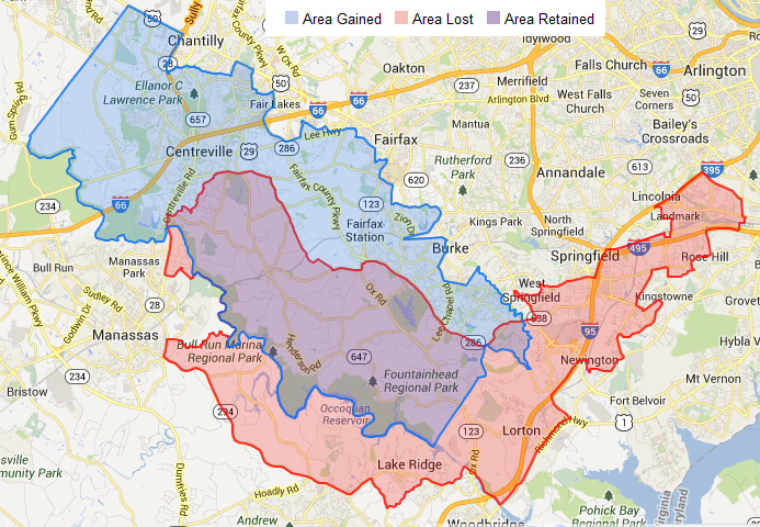 in the proposed 2013 redistricting, State Senate District 39 (represented by Democrat George Barker) would have been modified so Democratic precincts along Route 1 would have been replaced by Republican precincts near Centreville