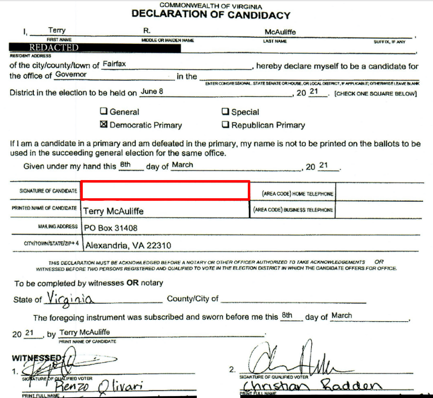 Terry McAuliffe failed to sign his candidate declaration form in 2021