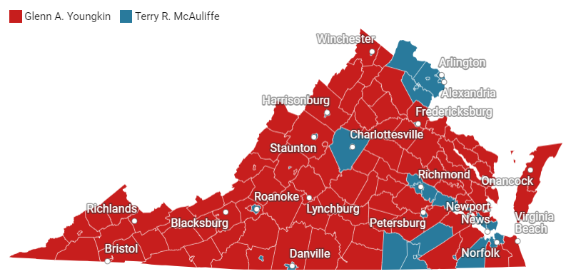 in 2021, Republicans swept the statewide races and captured the House of Delegates, shifting power there to delegates elected from rural Shenandoah Valley and Southwest Virginia