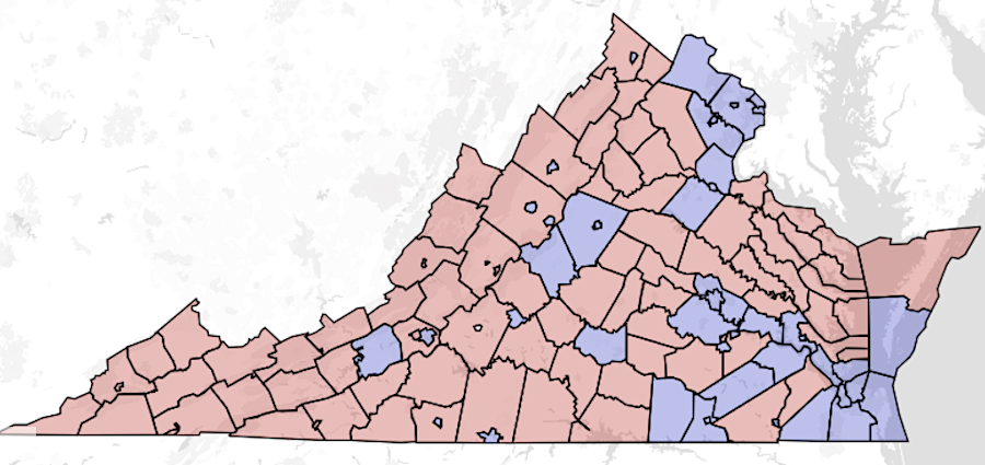 west of the Blue Ridge, the Democratic candidate for governor in 2025 won in Montgomery County and in several cities