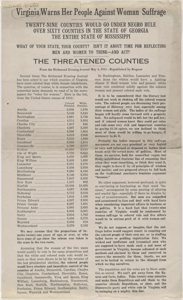 opponents of women's suffrage emphasized claims that people of color would gain political power