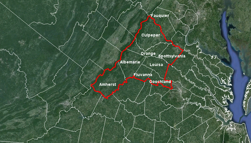 boundaries of the 5th Congressional District were designed by the Anti-Federalists in 1788 to exclude Fauquier County, in hopes of blocking the election of James Madison to the new US House of Representatives