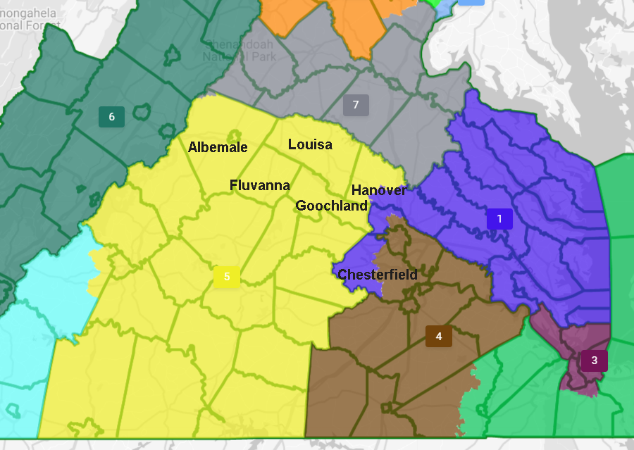 in the final map, Chesterfield County was moved to the First Congressional District and counties in the Piedmont were consolidated into the Fifth Congressional District