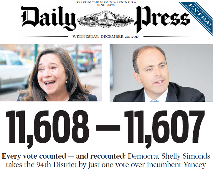 one day after a recount flipped the results of the November 2017 race in the 94th District, a three-judge panel reconsidered one vote - and each candidate ended up with 11,608 votes