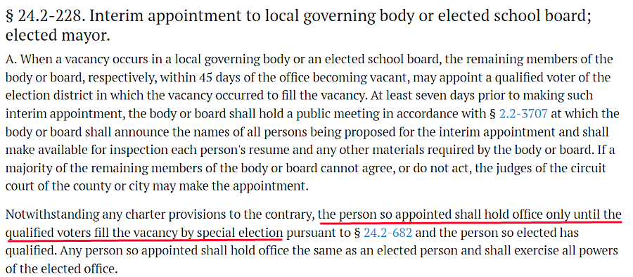 the Code of Virginia could be interpreted to require a special election after City Council makes a temporary appointment