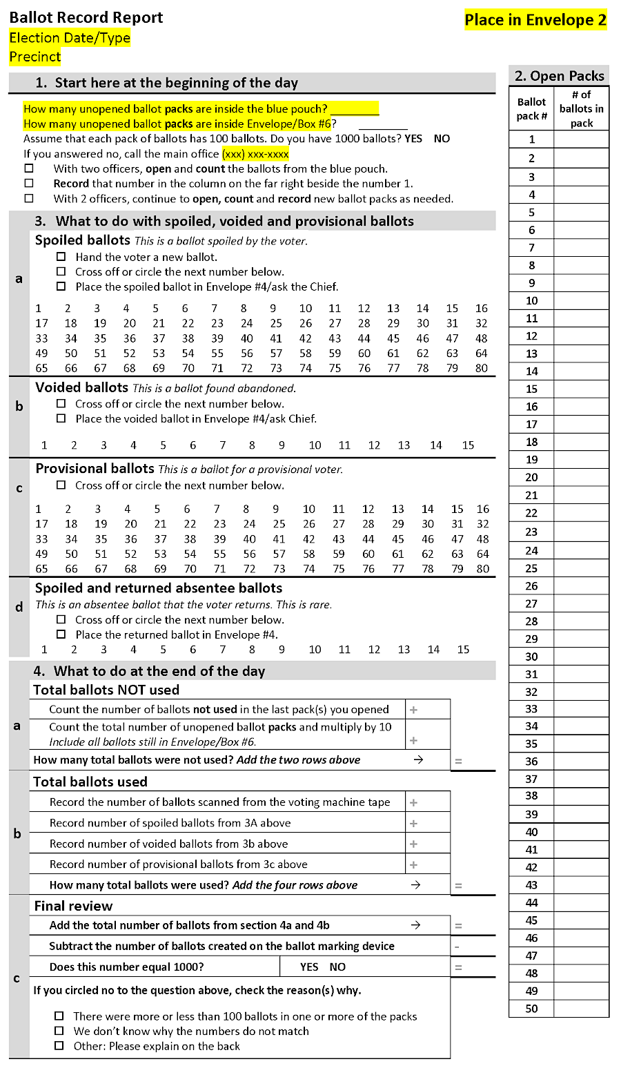 each polling place completes a Ballot Record Report at the beginning, during, and end of Election Day, to track ballot use and facilitate audits