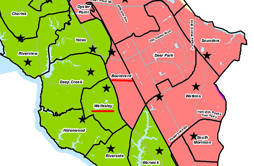 redistricting in 2019 split Christopher Newport University housing between the 94th District (Wellesley precinct) and  the 95th District (Boulevard precinct)