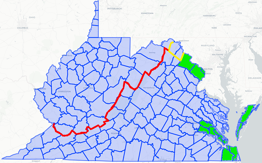 17 jurisdictions (including the cities of Alexandria, Norfolk, Portsmouth, and Williamsburg) sent delegates to the 1864 constitutional convention