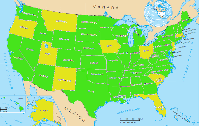 the 50 states limit the authority of local jurisdictions via the Dillon Rule or empower those jurisdictions via Home Rule in different ways with a wide variety of legal interpretations, but 39 states (in green) use the Dillon Rule most often