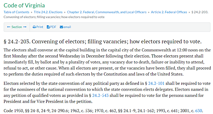 the Code of Virginia has no provision for punishing or automatically replacing faithless electors
