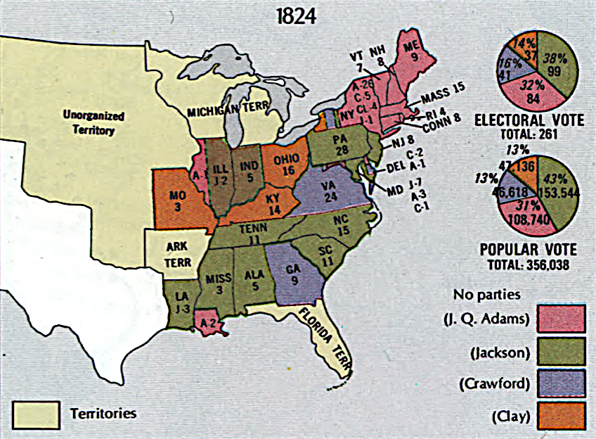 in 1824 Virginia voted for William H. Crawford, and the House of Representatives ultimately chose the winner of the presidential election