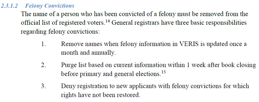 based on updates from the Virginia Election & Registration Information System (VERIS), local registrars remove newly-convicted felons from lists of registered voters