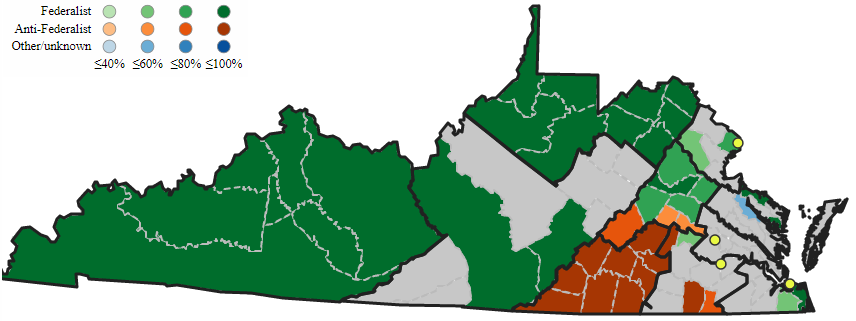 in 1789, Virginia elected seven Federalists (green jurisdictions) and three Anti-Federalists candidates (brown) to the House of Representatives