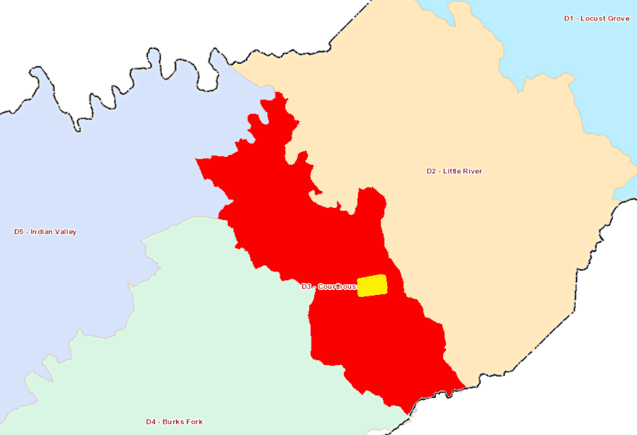 the Town of Floyd (yellow) is a small part of the Courthouse District (red), and in a 2019 recount only votes for the Town Council race were counted when Courthouse District ballots were run through the scanners