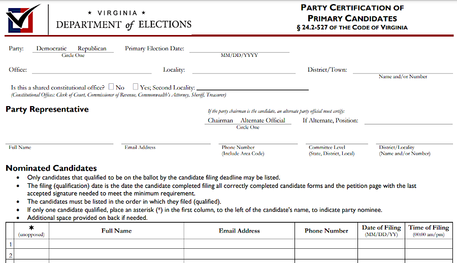 to get on the ballot, official paperwork must be filed by specific deadlines with the Virginia Department of Elections