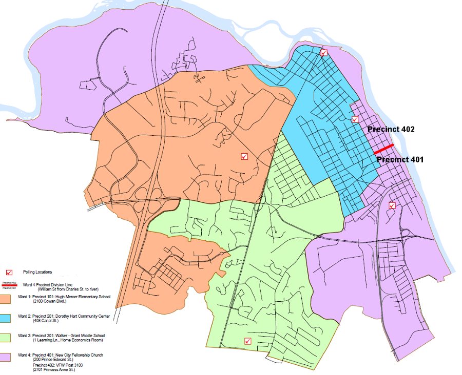 William Street (red line) is the precinct boundary that divides the two portions of Ward 4 in Fredericksburg