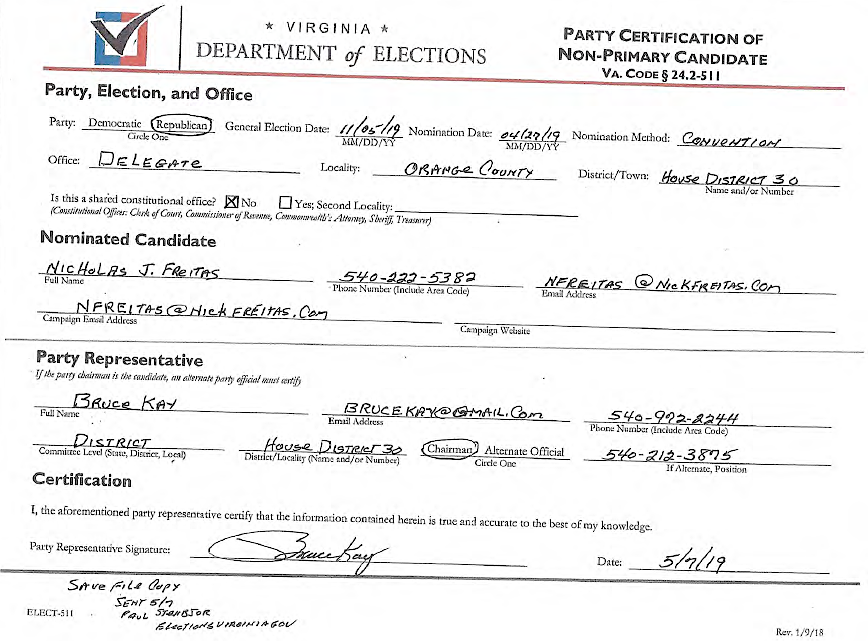 in 2019, Del. Nick Freitas's campaign failed to file his original nomination paperwork on time with the Virginia Department of Elections