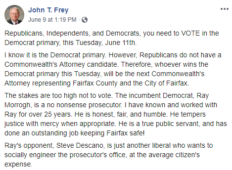in 2019, the Republican Clerk of the Fairfax Circuit Court encouraged Republicans and Independents to vote in the Democratic primary