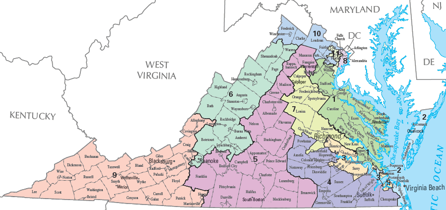the 8th, 10th, and 11th Congressional Districts are in Northern Virginia, but the 9th District has been in southwestern Virginia for over a century